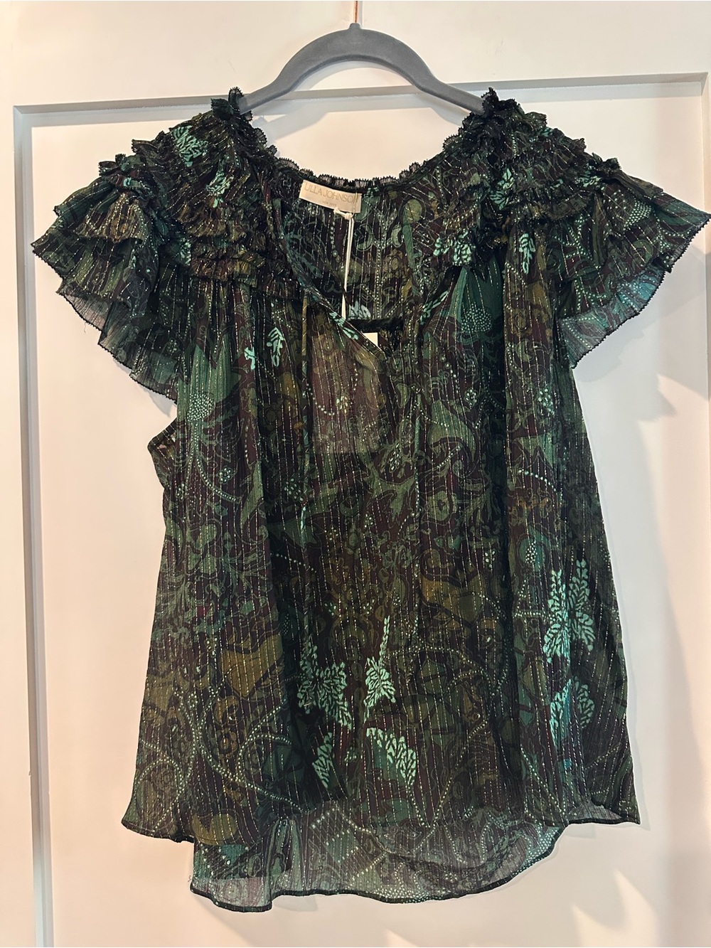 NWT Ulla Johnson Green Floral Ruffled Sleeve Blouse
